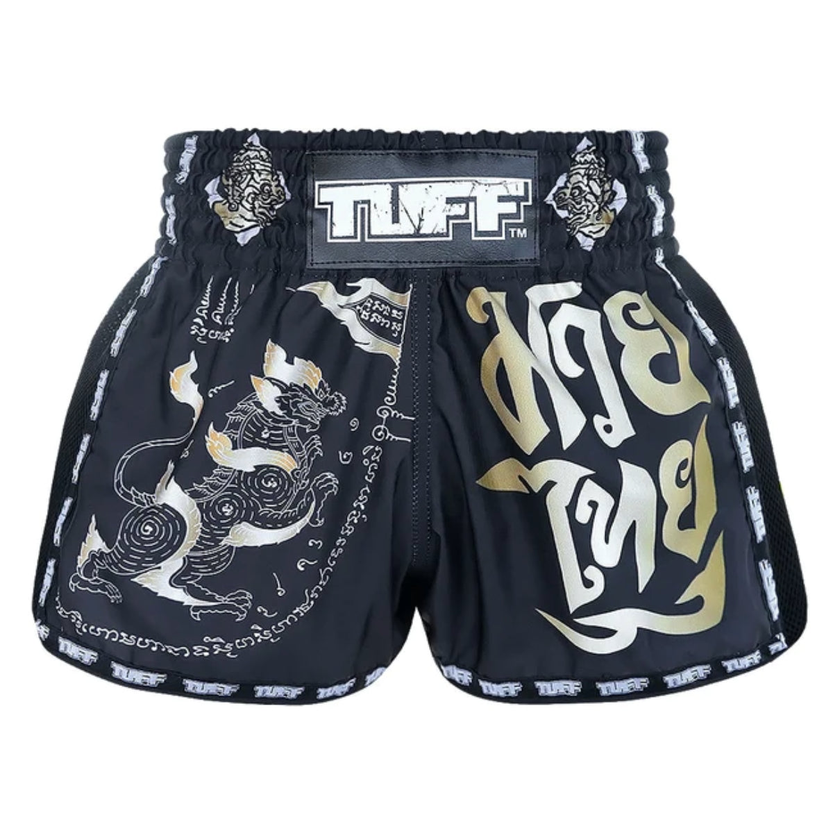 TUFF Sport MRS206 Retro Style Black Singha Yantra with War Flag Muay Thai Shorts   