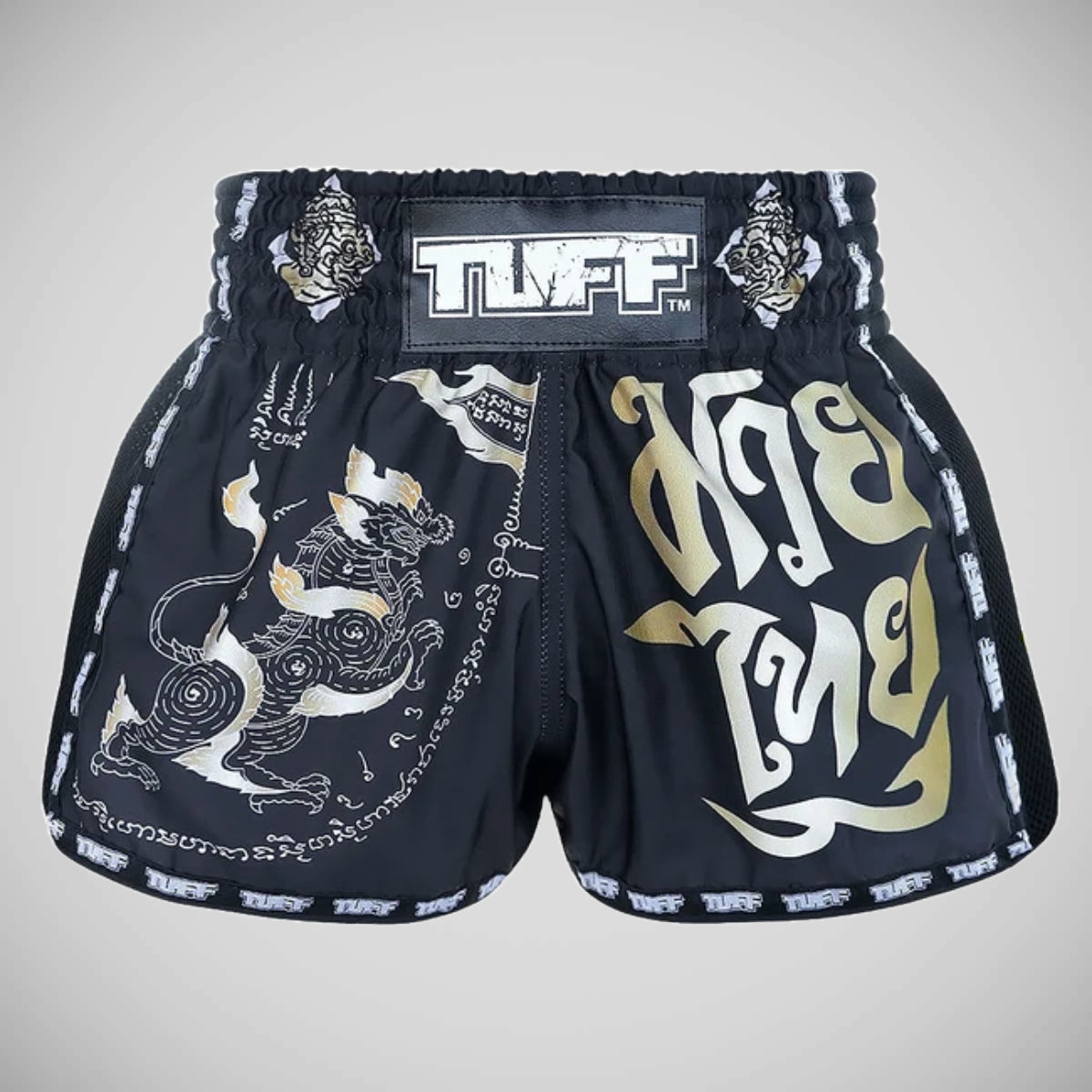 Tuff Sport Mrs206 Retro Style Black Singha Yantra med krigsflagg Muay Thai Shorts