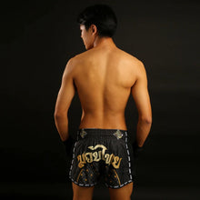 TUFF Sport MRS206 Retro Style Black Singha Yantra with War Flag Muay Thai Shorts
