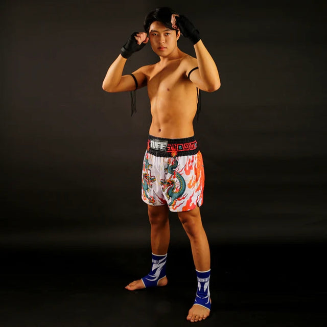 TUFF Sport MS622 White With Blue Dragon Muay Thai Shorts