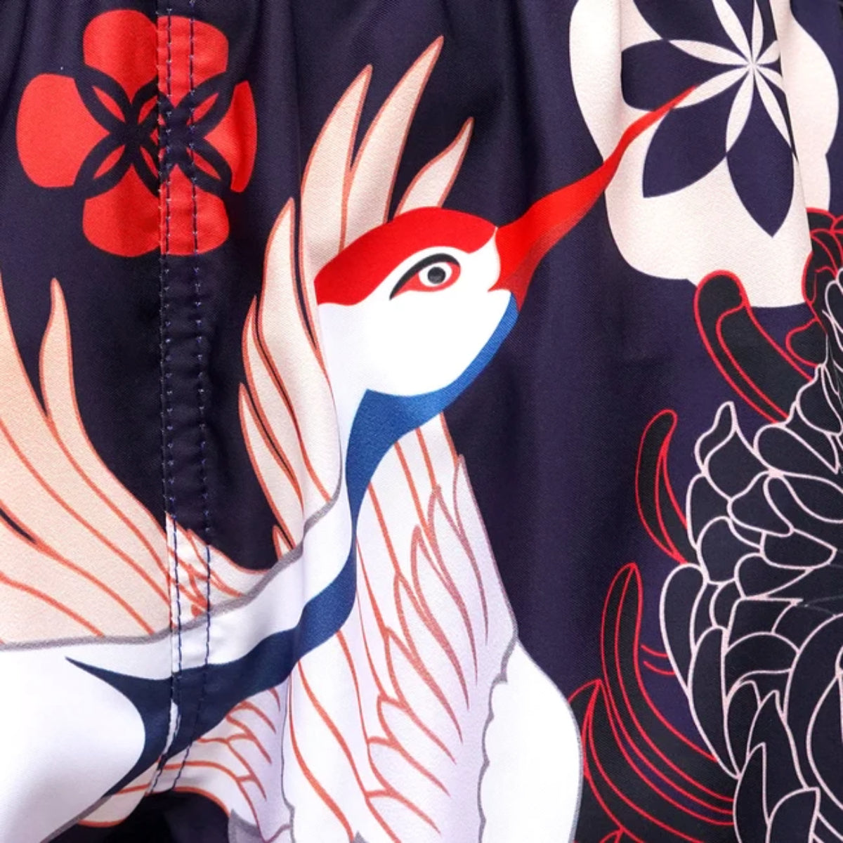 टफ स्पोर्ट MS639 नेवी ब्लू जापानी ड्राइंग क्रेन बर्ड्स मय थाई शॉर्ट्स