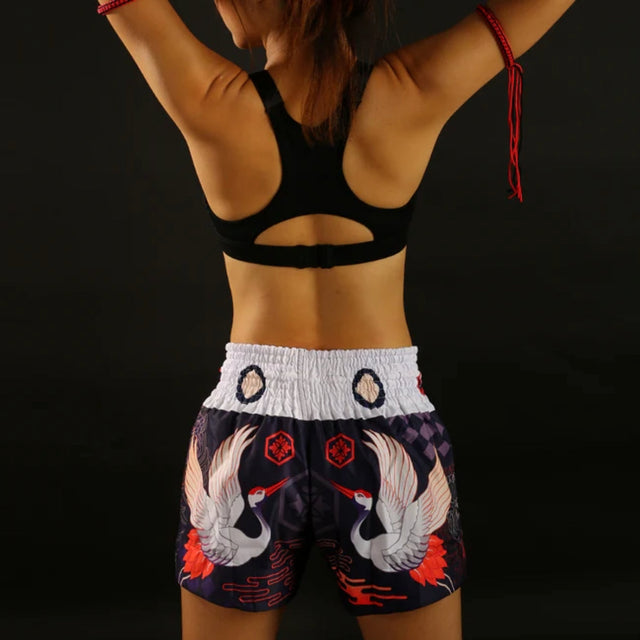 TUFF Sport MS639 Navy Blue Japanese Drawing Crane Birds Muay Thai Shorts