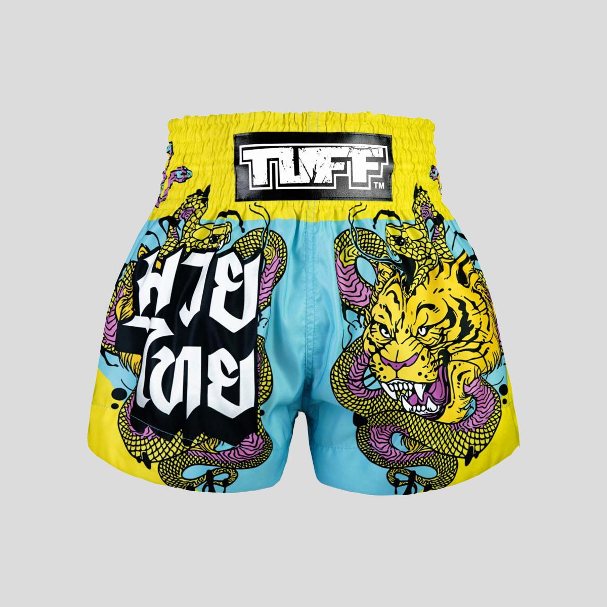 Tuff Sport MS685 Tiger y Python Muay Thai pantalones cortos azules/amarillos