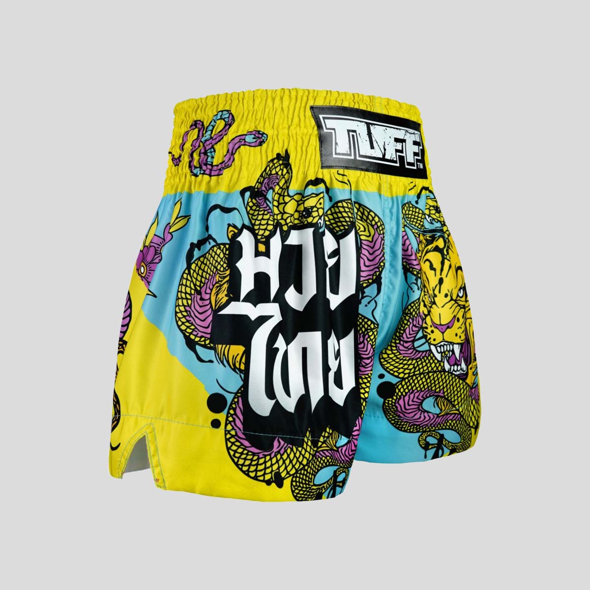 Tuff Sport MS685 Tiger y Python Muay Thai pantalones cortos azules/amarillos