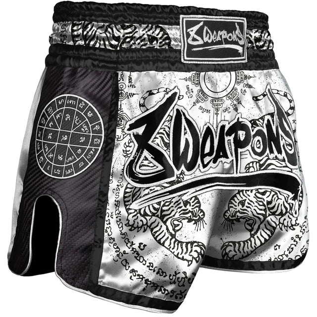 8 Weapons Sak Yant Tigers Carbon Muay Thai Shorts White