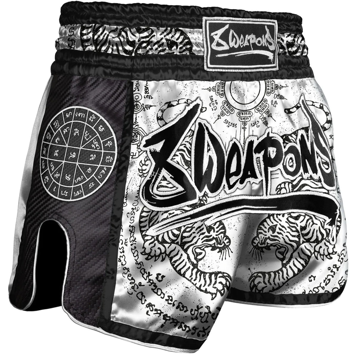 White 8 Weapons Sak Yant Tigers Carbon Muay Thai Shorts   