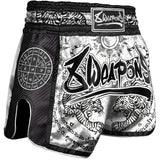 White 8 Weapons Sak Yant Tigers Carbon Muay Thai Shorts   