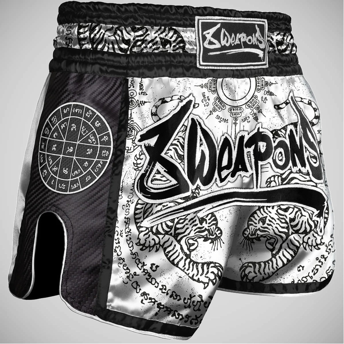 White 8 Weapons Sak Yant Tigers Carbon Muay Thai Shorts   