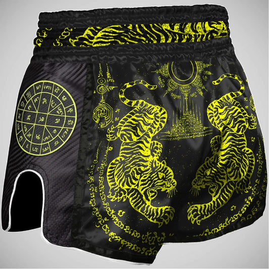 Neon Yellow 8 Weapons Sak Yant Tigers Carbon Muay Thai Shorts