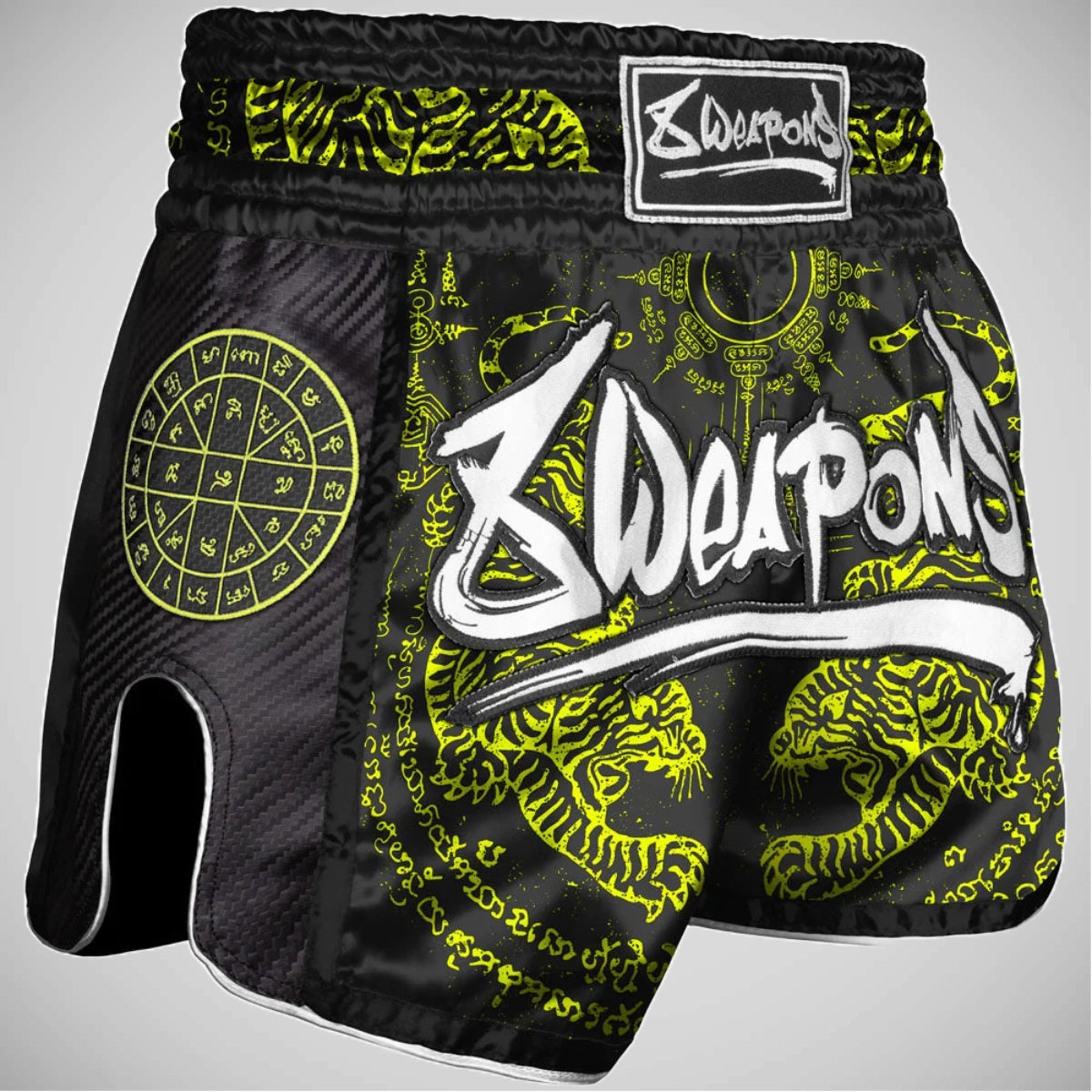 8 무기 Sak Yant Tigers Carbon Muay Thai Shorts Neon Yellow