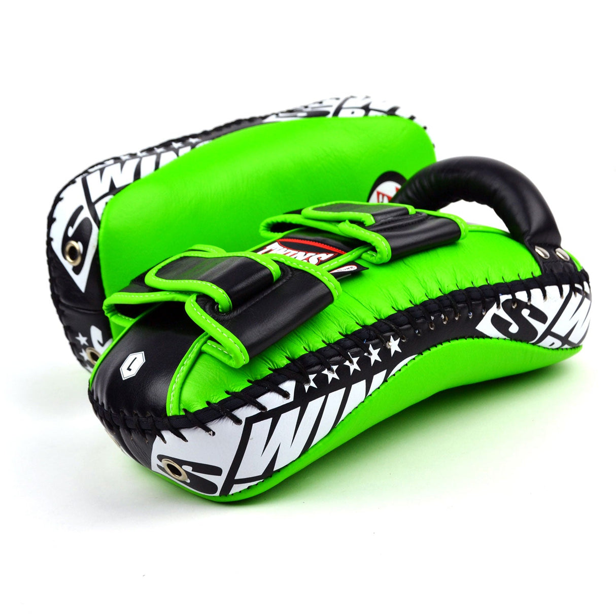 Twins Special KPL10 Curved Leather Thai Kick Pads Green-Black