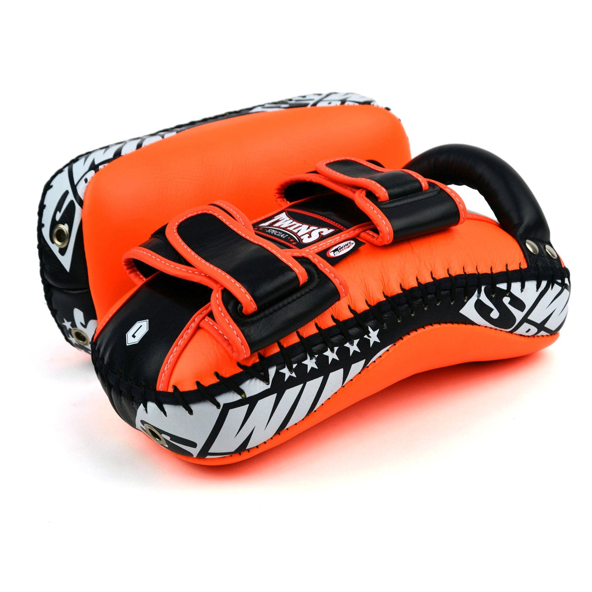 Twins Special KPL10 Curved Leather Thai Kick Pads Orange-Black