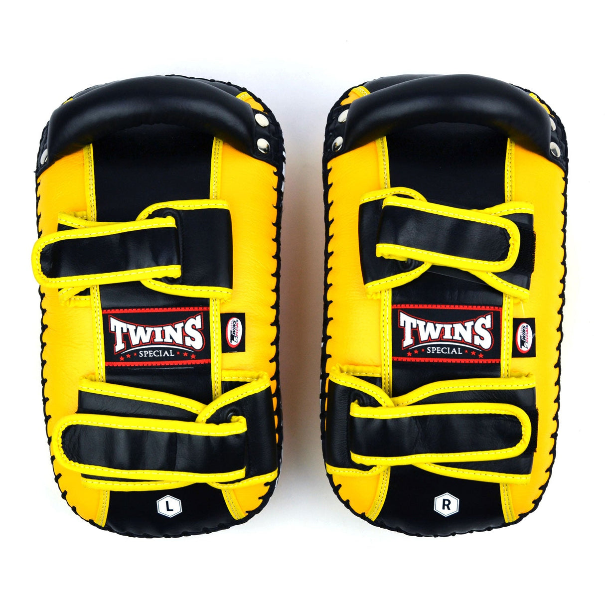 Twins Special KPL10 Curved Leather Thai Kick Pads Yellow-Black