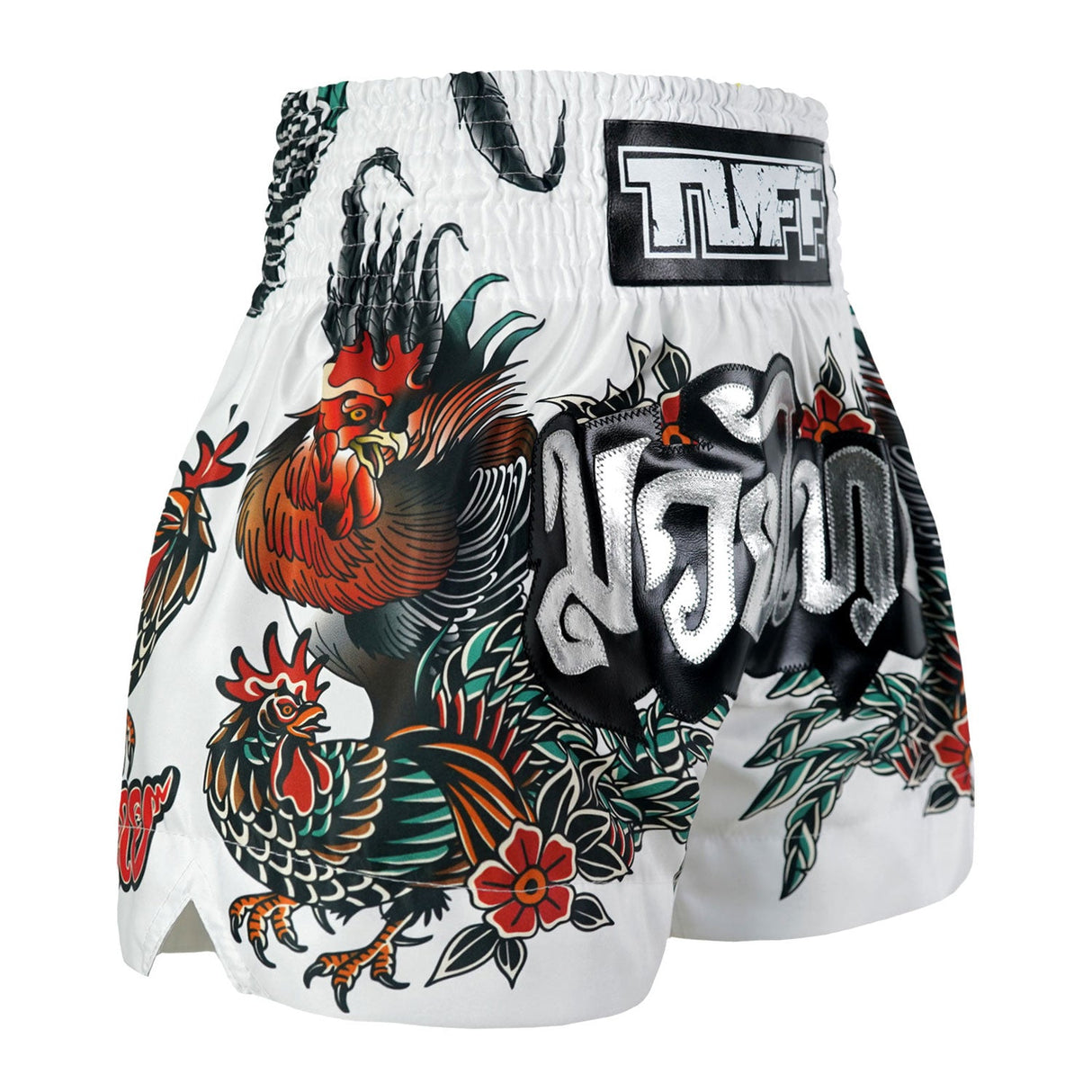 TUFF Sport MS677 Origin of Thai Rooster Muay Thai Shorts White - design close-up