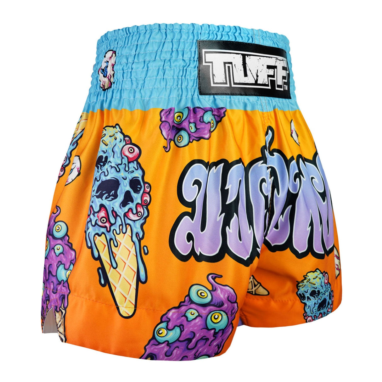 TUFF Sport MS681 Eye-Scream Muay Thai Shorts Orange - design close-up