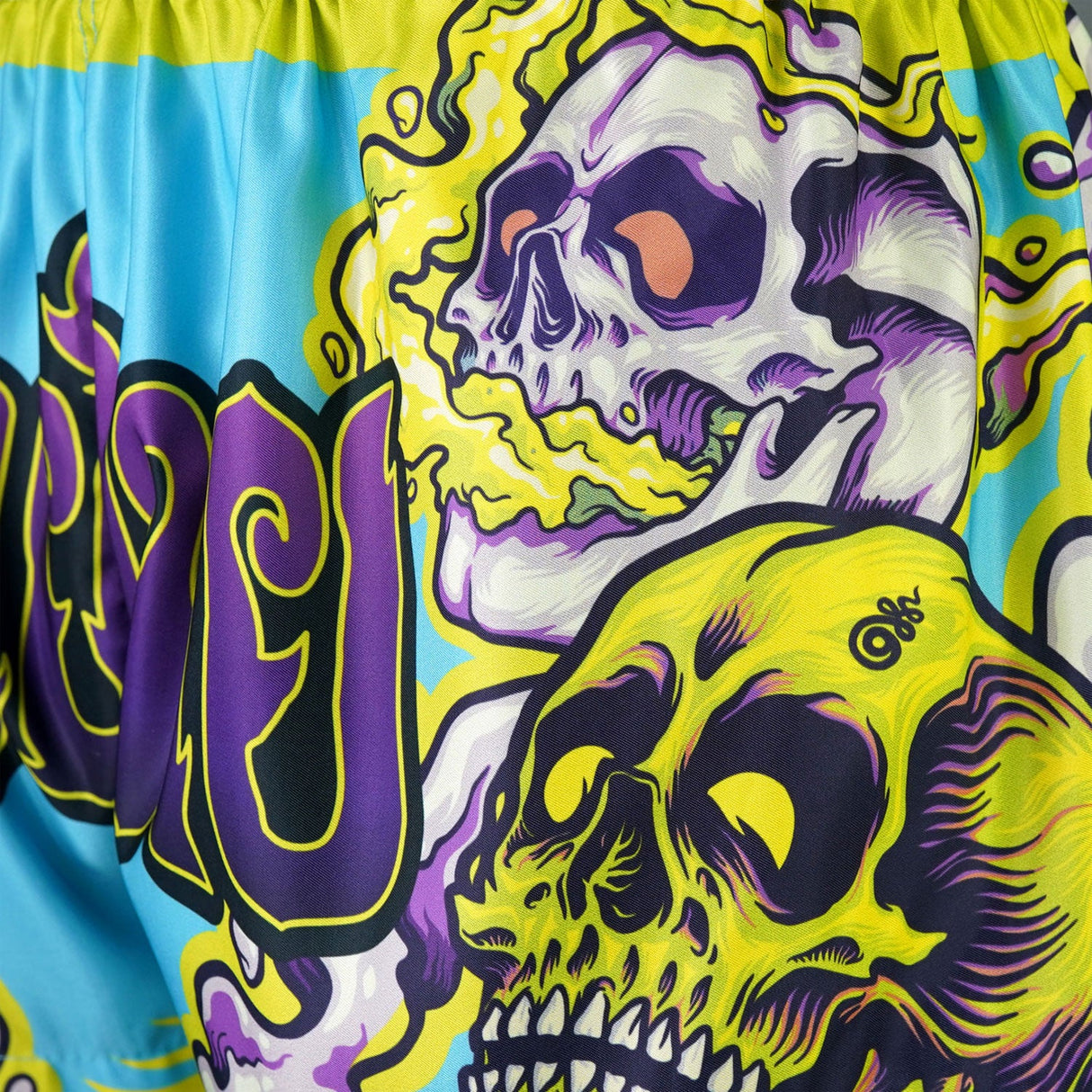 TUFF Sport MS682 Trippy Skull Muay Thai Shorts Light Blue - fit and cut detail