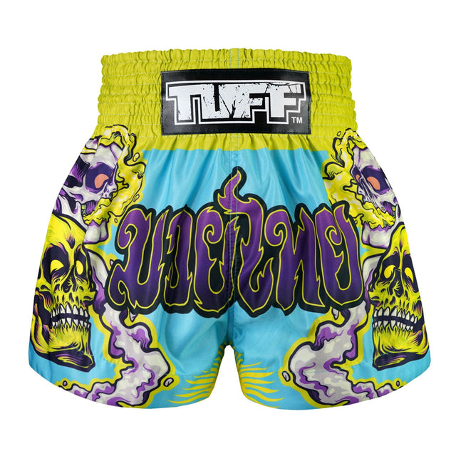 TUFF Sport MS682 Trippy Skull Muay Thai Shorts Light Blue - front view