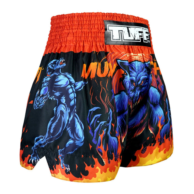 TUFF Sport MS683 Midnight Werewolf Muay Thai Shorts Blue - design close-up
