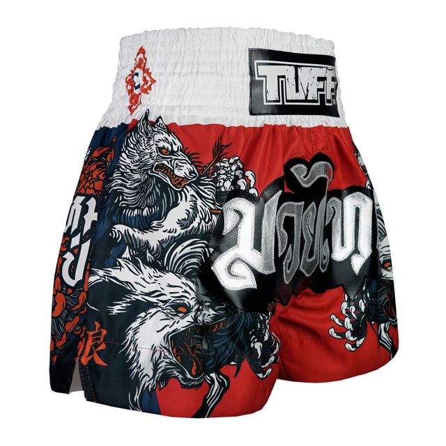 TUFF Sport MS684 Wolfpack Muay Thai Shorts Red - design close-up