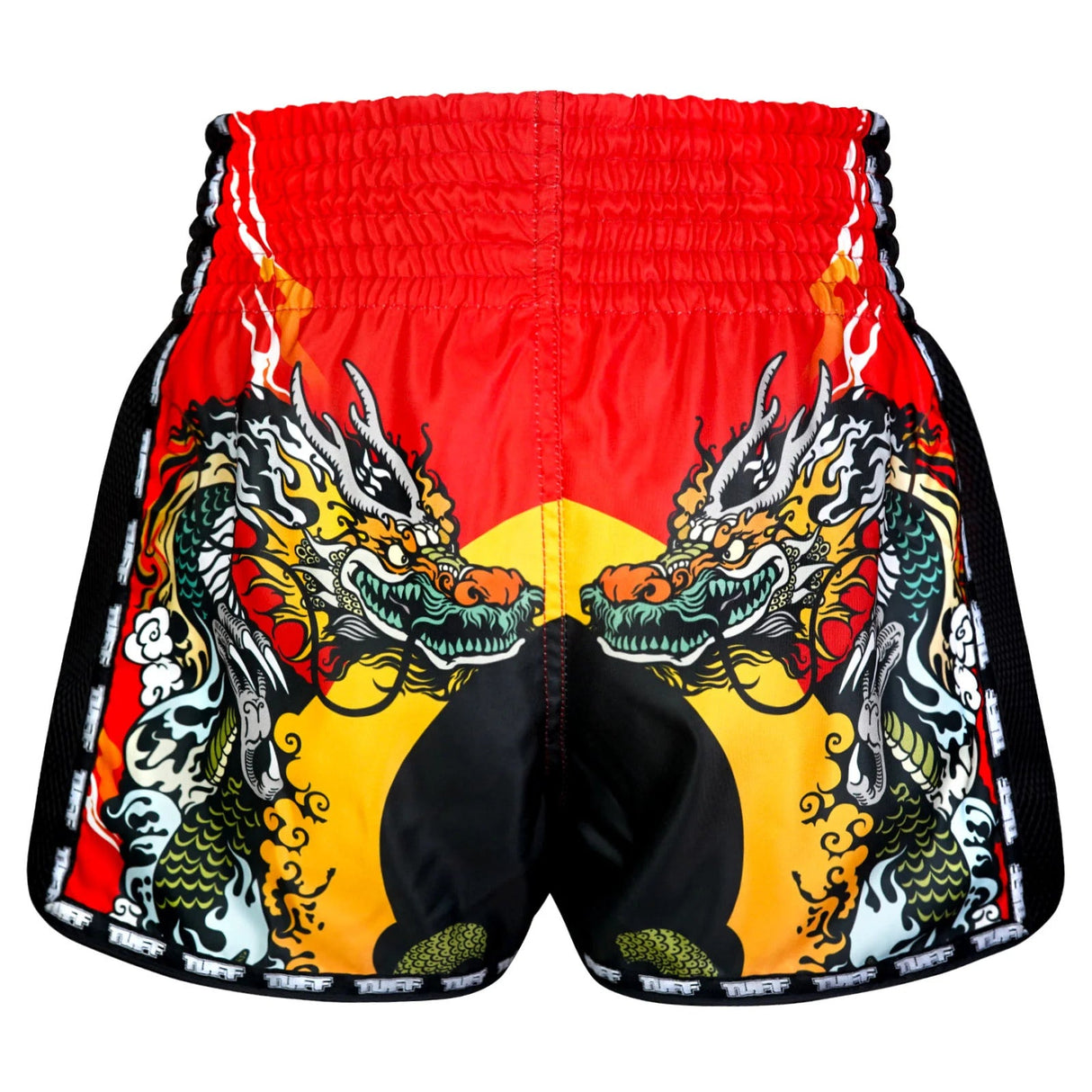 TUFF Sport MSC113 Chinese Dragon and Tiger Muay Thai Shorts Red - side detail