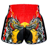 TUFF Sport MSC113 Chinese Dragon and Tiger Muay Thai Shorts Red - side detail