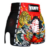 TUFF Sport MSC113 Chinese Dragon and Tiger Muay Thai Shorts Red - design close-up