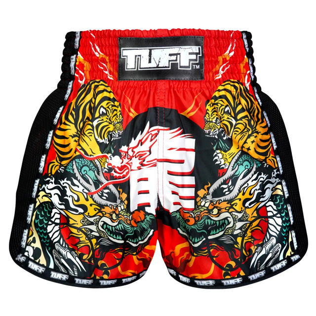 TUFF Sport MSC113 Chinese Dragon and Tiger Muay Thai Shorts Red - front view