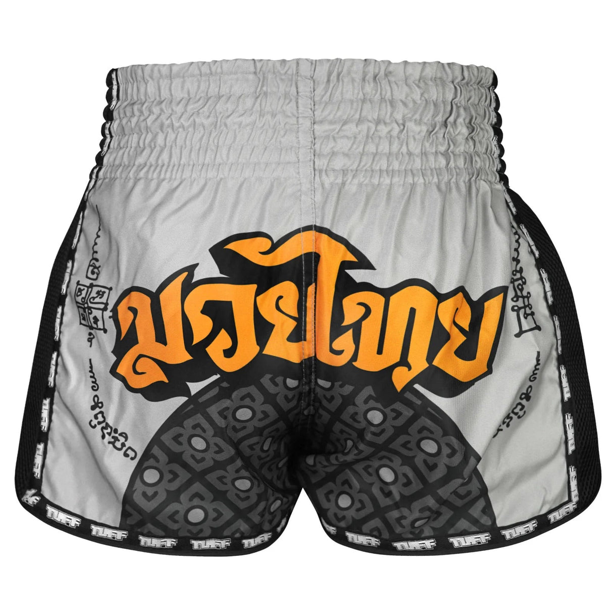TUFF Sport MSC118 Retro Style Hanuman Yantra with War Flag Muay Thai Shorts Grey - side detail