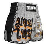 TUFF Sport MSC118 Retro Style Hanuman Yantra with War Flag Muay Thai Shorts Grey - design close-up