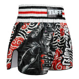 TUFF Sport RMS102 High-Cut Retro Waves of Bushido Elegance Muay Thai Shorts Black - design close-up