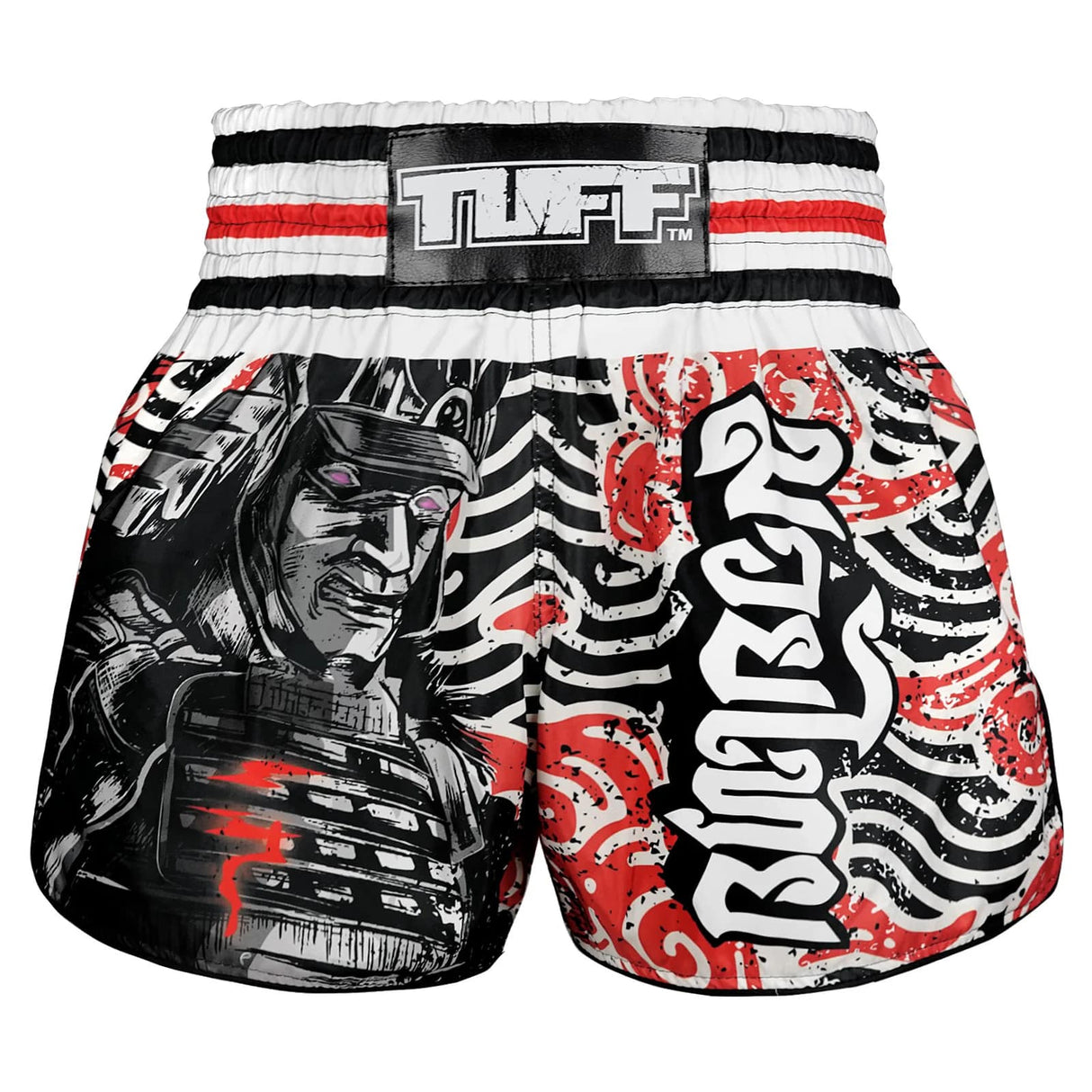 TUFF Sport RMS102 High-Cut Retro Waves of Bushido Elegance Muay Thai Shorts Black - front view