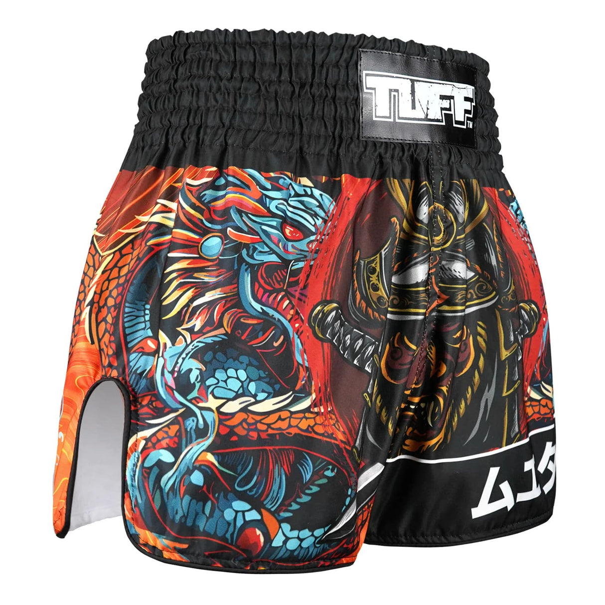 TUFF Sport RMS103 Seraphic Seiryu Samurai Saga Retro Muay Thai Shorts Orange - design close-up