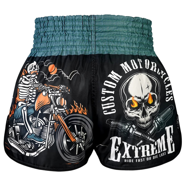 TUFF Sport RMS109 High-Cut Retro The Skull Rider Muay Thai Shorts Black - side detail