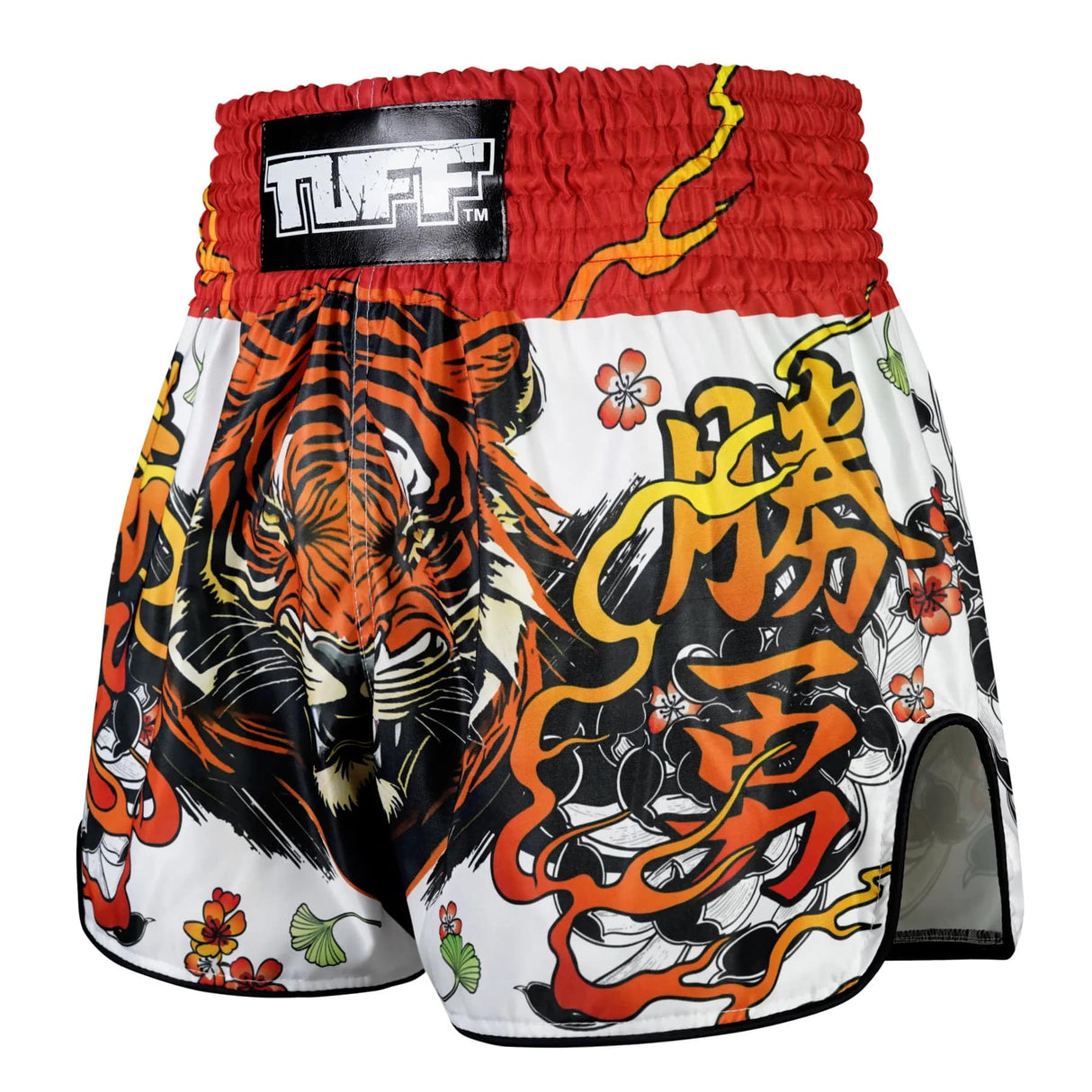 TUFF Sport RMS110 High-Cut Retro Tora Chikara Power of Tiger Muay Thai Shorts White - back view