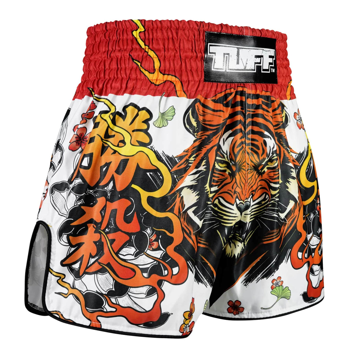 TUFF Sport RMS110 High-Cut Retro Tora Chikara Power of Tiger Muay Thai Shorts White - design close-up