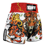 TUFF Sport RMS110 High-Cut Retro Tora Chikara Power of Tiger Muay Thai Shorts White - design close-up