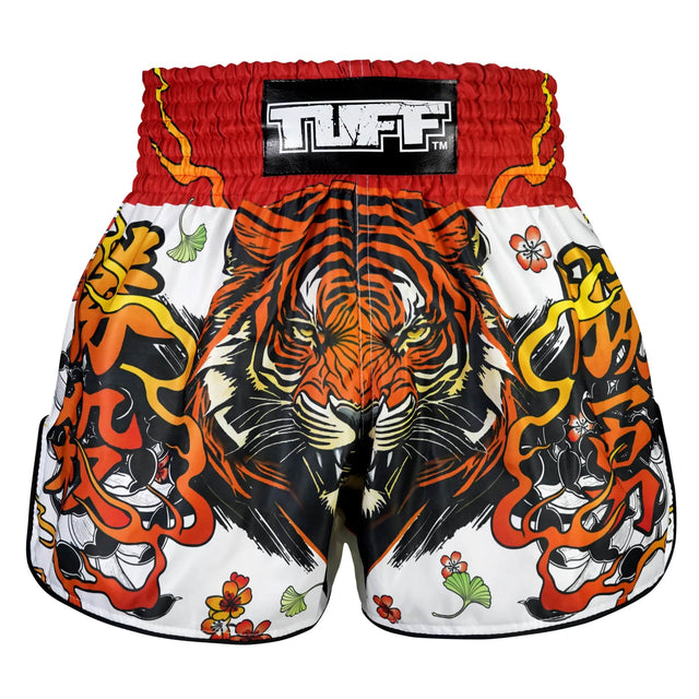 TUFF Sport RMS110 High-Cut Retro Tora Chikara Power of Tiger Muay Thai Shorts White - front view