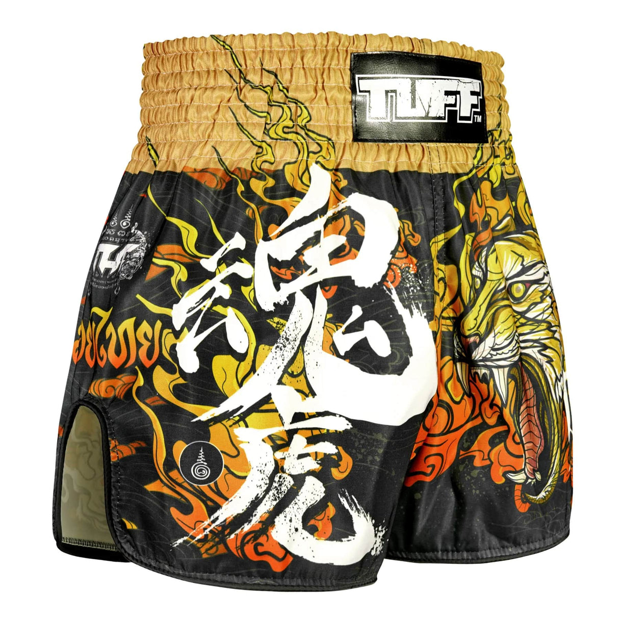 TUFF Sport RMS111 High-Cut Retro Tora Mazuka The True Tiger Muay Thai Shorts Black - design close-up