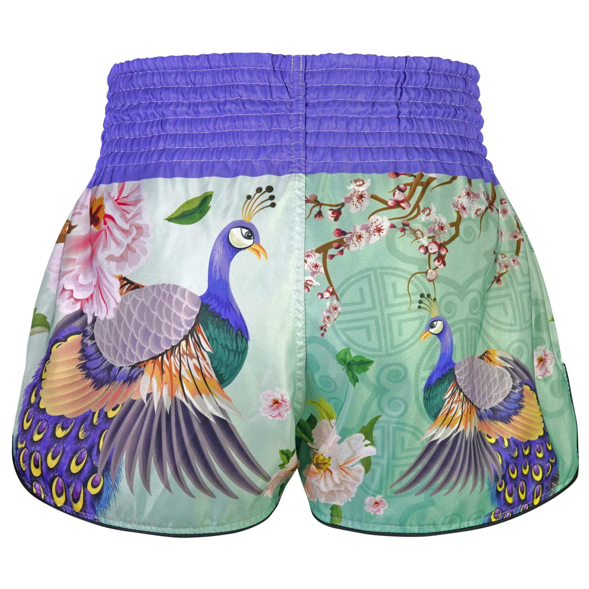 TUFF Sport RMS112 Yugana Kujaku Peacock Retro Muay Thai Shorts Purple - side detail