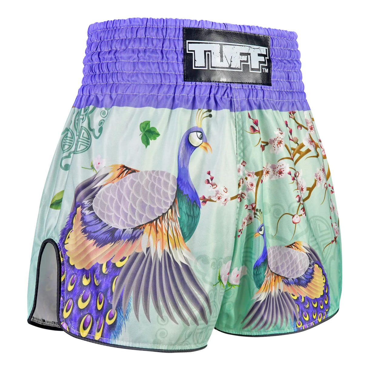 TUFF Sport RMS112 Yugana Kujaku Peacock Retro Muay Thai Shorts Purple - design close-up
