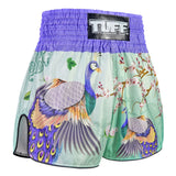 TUFF Sport RMS112 Yugana Kujaku Peacock Retro Muay Thai Shorts Purple - design close-up