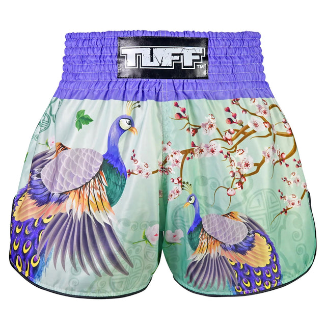TUFF Sport RMS112 Yugana Kujaku Peacock Retro Muay Thai Shorts Purple - front view