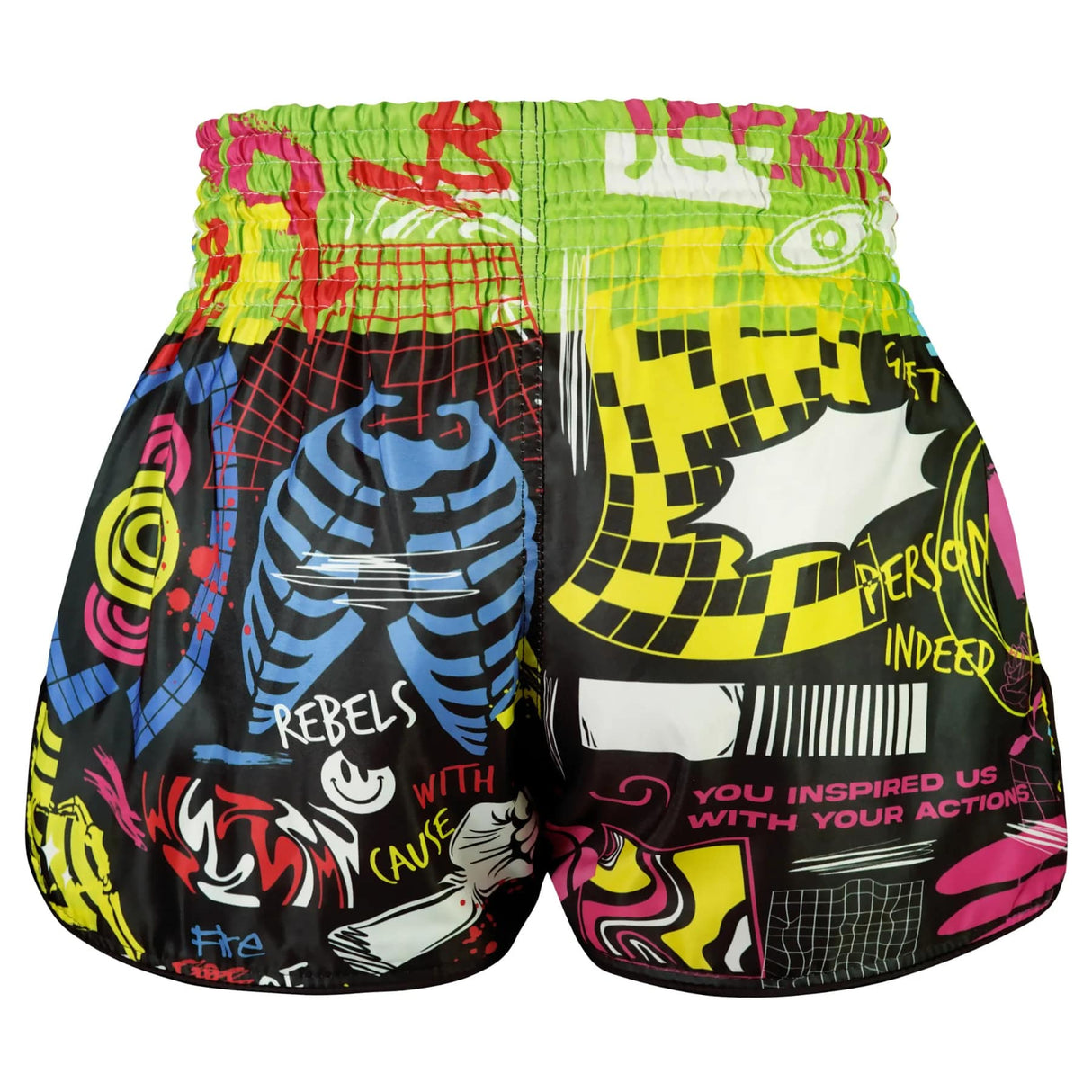 TUFF Sport RMS119 Neon Graffiti Retro Muay Thai Shorts Black - side detail