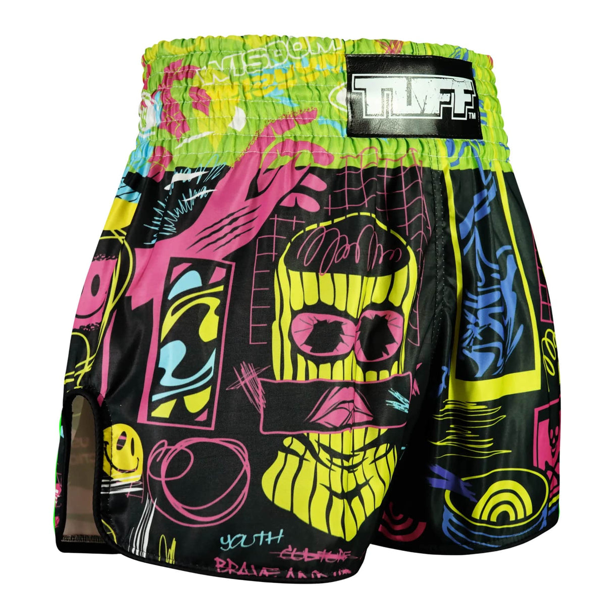 TUFF Sport RMS119 Neon Graffiti Retro Muay Thai Shorts Black - design close-up
