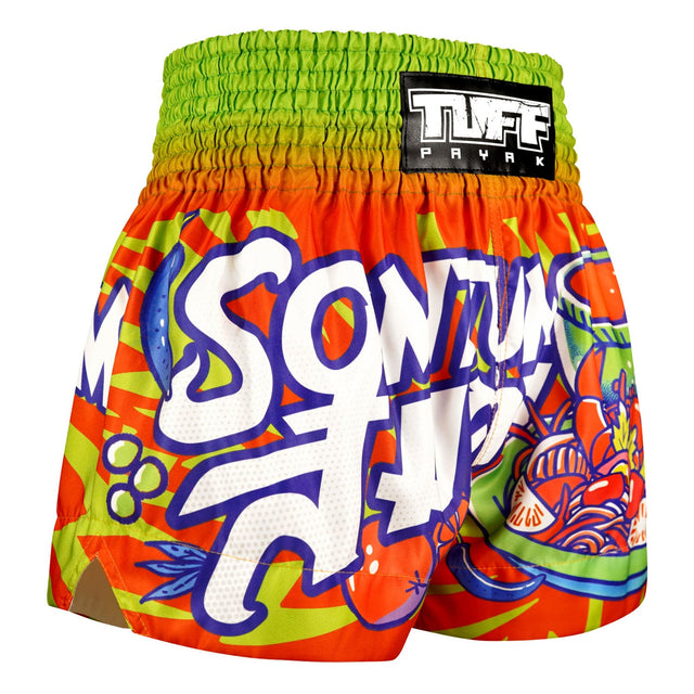 TUFF Sport MS001 Payak Som Tum Smash Muay Thai Shorts Red - design close-up