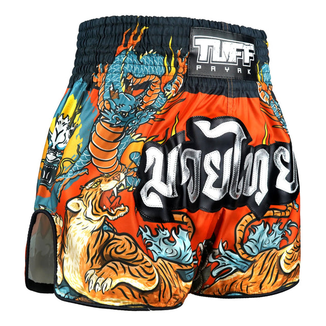 TUFF Sport RMS005 Payak The Eternal Duel Muay Thai Shorts Orange - design close-up