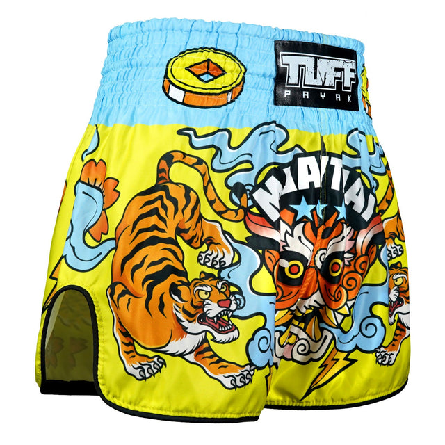 TUFF Sport RMS007 Payak Kabuki Beasts Muay Thai Shorts Yellow - design close-up
