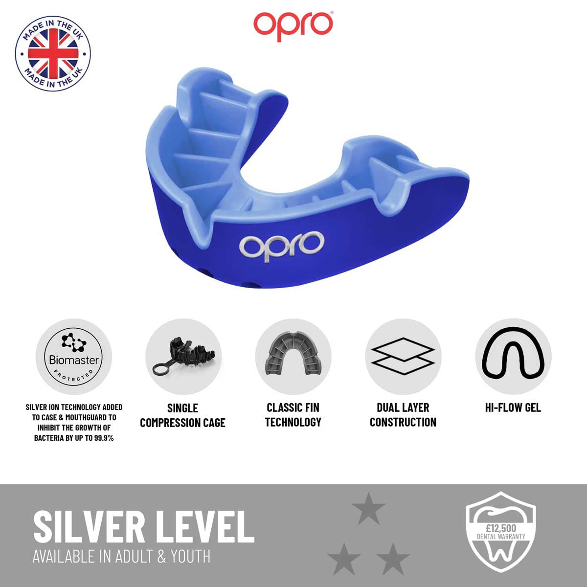 Opro Junior Silver Self-Fit Mouth Guard Dark Blue/Blue