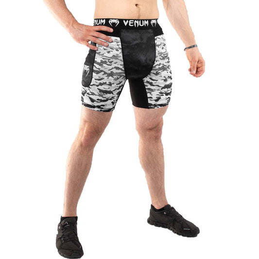 White-Black Venum Defender Urban Camo Compression Shorts